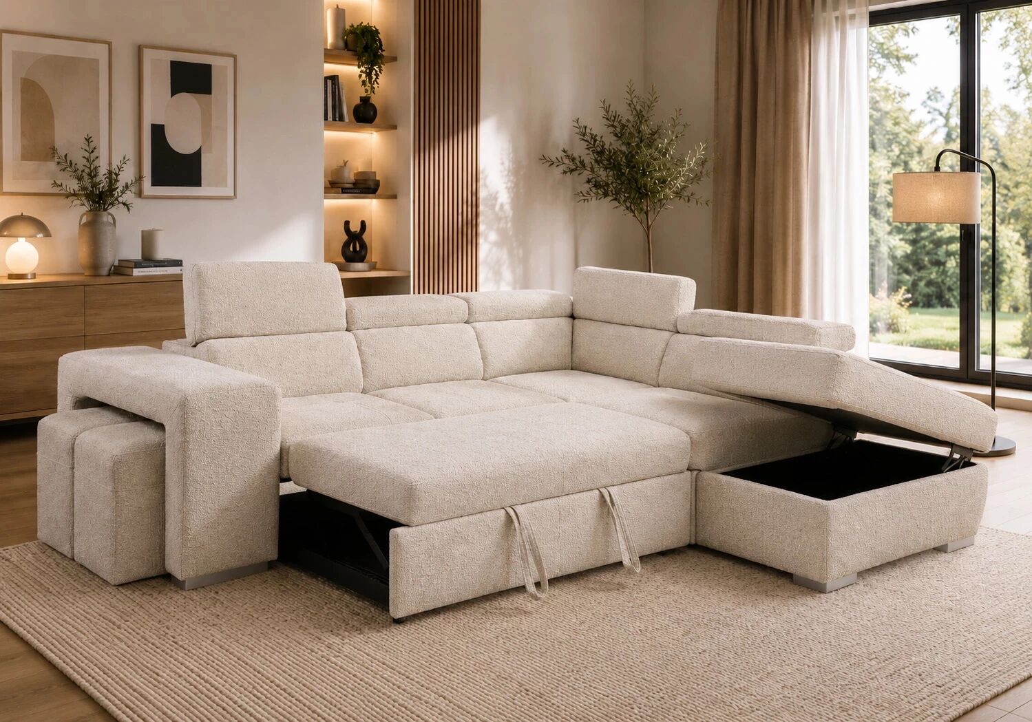 POSITANO II, Canap&eacute; d'angle convertible Gigogne 2 places ,  pouf coffre, en tissu Solo