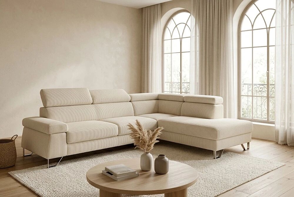 ALPHA, Canap&eacute; d\'angle droite fixe avec repose t&ecirc;te, non reversible, Velours c&ocirc;tel&eacute; Beige