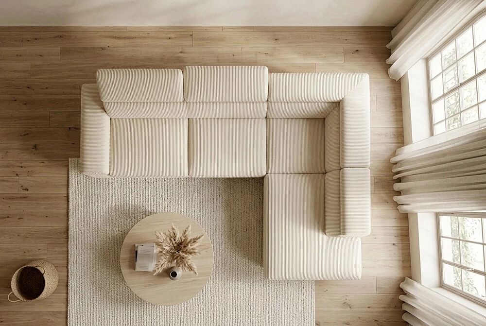 ALPHA, Canap&eacute; d\'angle droite fixe avec repose t&ecirc;te, non reversible, Velours c&ocirc;tel&eacute; Beige