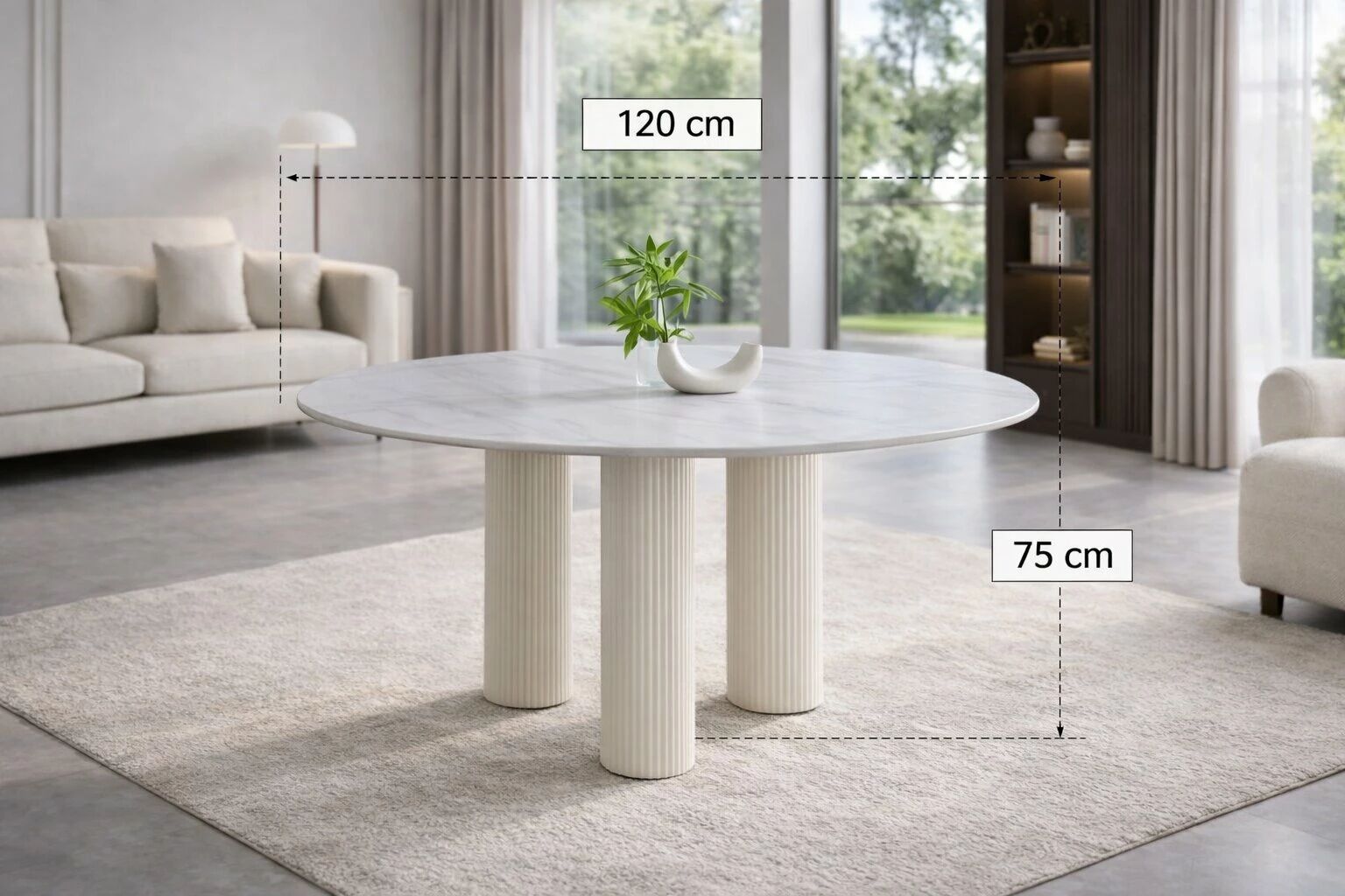 ANAIS - Table de repas ronde 120 cm en c&eacute;ramique effet marbre blanc avec pieds beige - H75 cm
