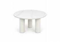 ANAIS, Table de repas ronde 120 cm en c&eacute;ramique effet marbre blanc avec pieds beige - H75 cm