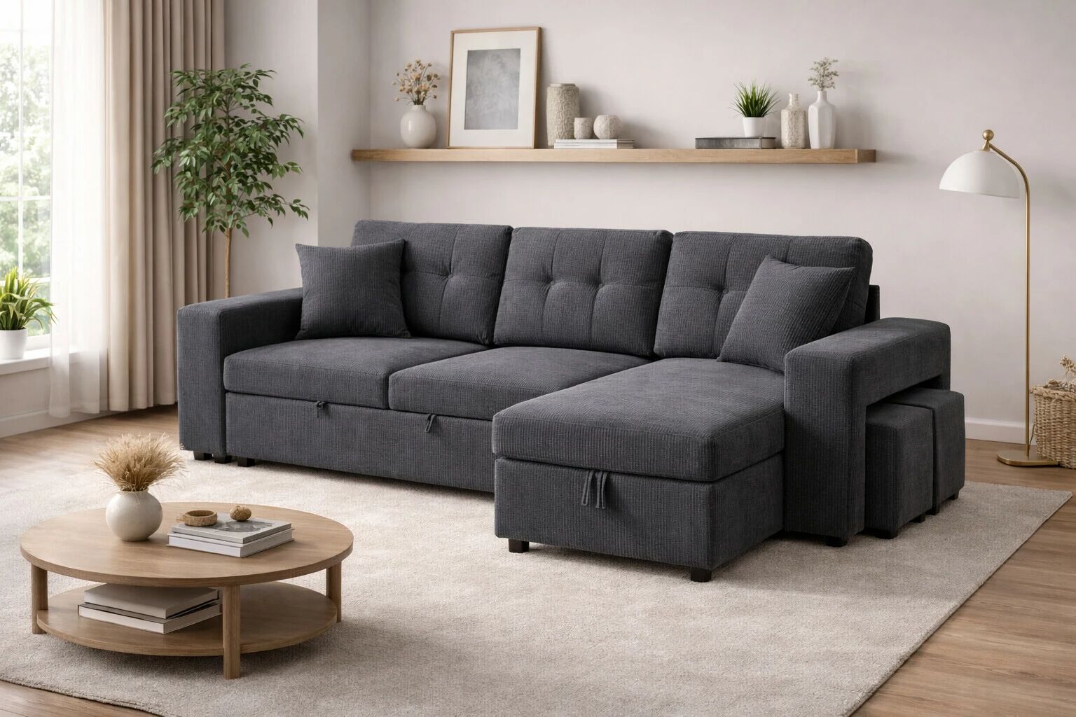 AXEL, Canap� convertible Gigogne r�versible en Tissu comprenant 2 poufs et rangement
