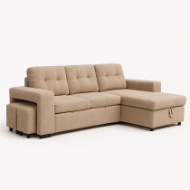 AXEL, Canapé convertible Gigogne réversible en Tissu comprenant 2 poufs et rangement