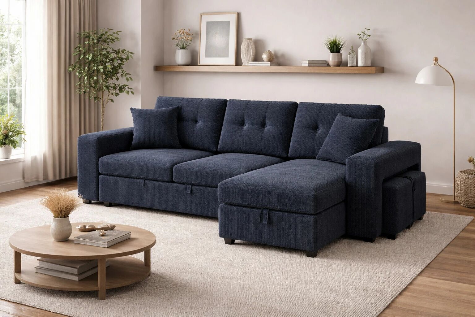 AXEL, Canap&eacute; convertible Gigogne r&eacute;versible en Tissu comprenant 2 poufs et rangement