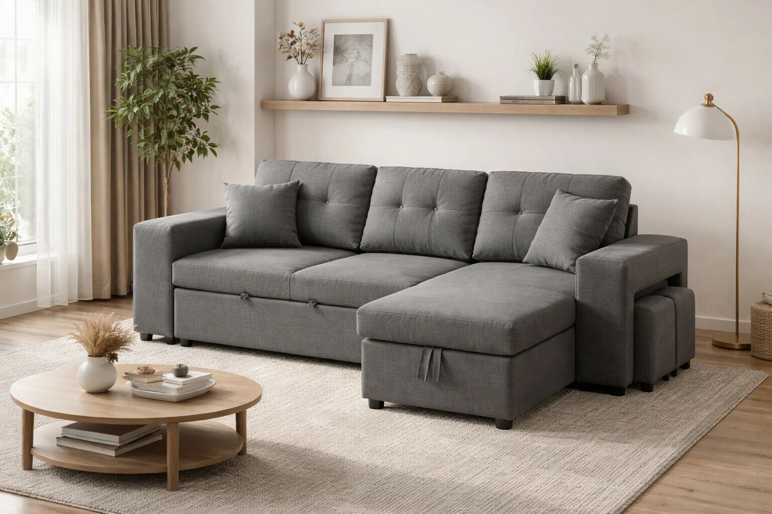 AXEL, Canap&eacute; convertible Gigogne r&eacute;versible en Tissu comprenant 2 poufs et rangement