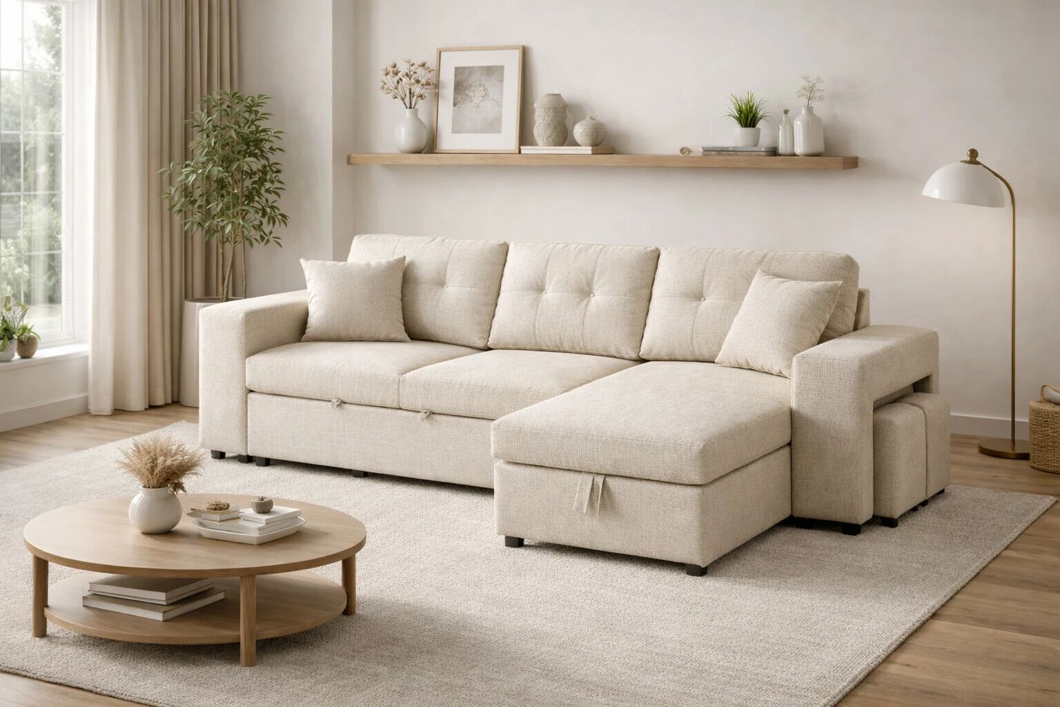 AXEL, Canap&eacute; convertible Gigogne r&eacute;versible en Tissu comprenant 2 poufs et rangement