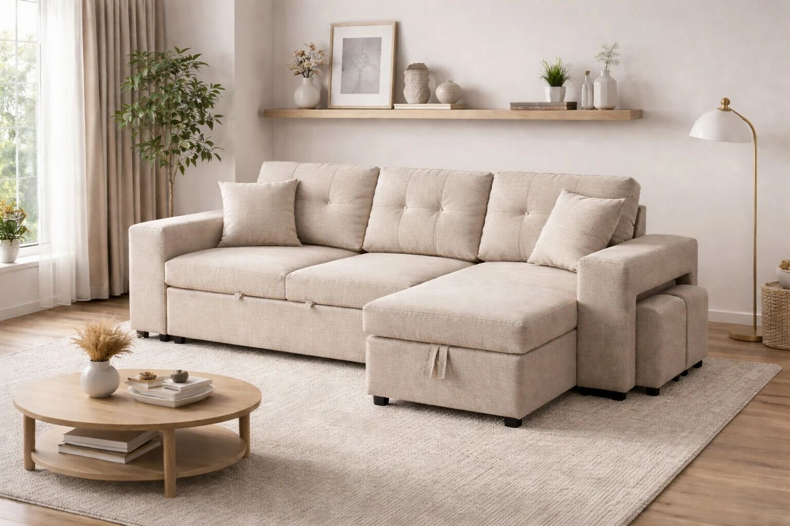 AXEL, Canap&eacute; convertible Gigogne r&eacute;versible en Tissu comprenant 2 poufs et rangement