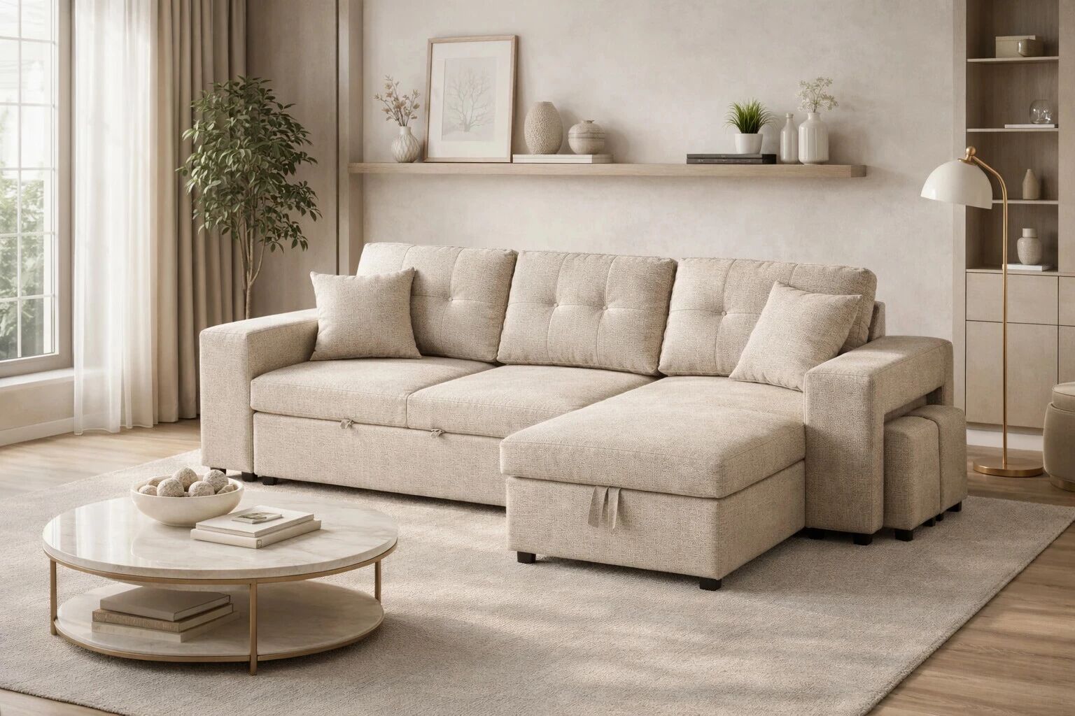 AXEL, Canap&eacute; convertible Gigogne r&eacute;versible en Tissu comprenant 2 poufs et rangement