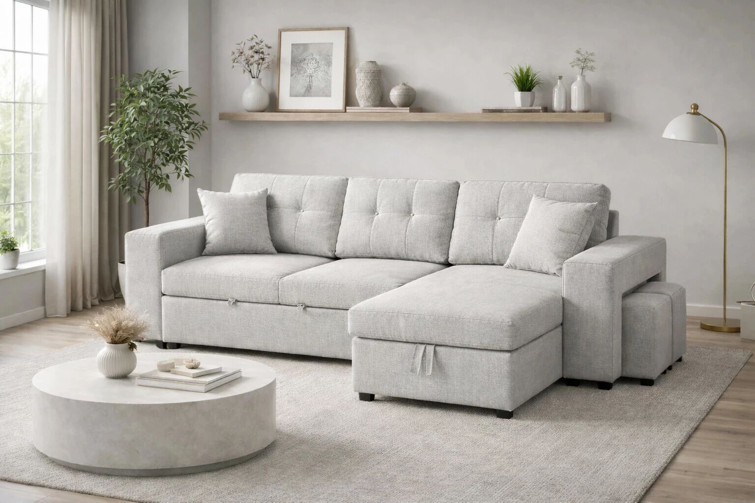 AXEL, Canap&eacute; convertible Gigogne r&eacute;versible en Tissu comprenant 2 poufs et rangement