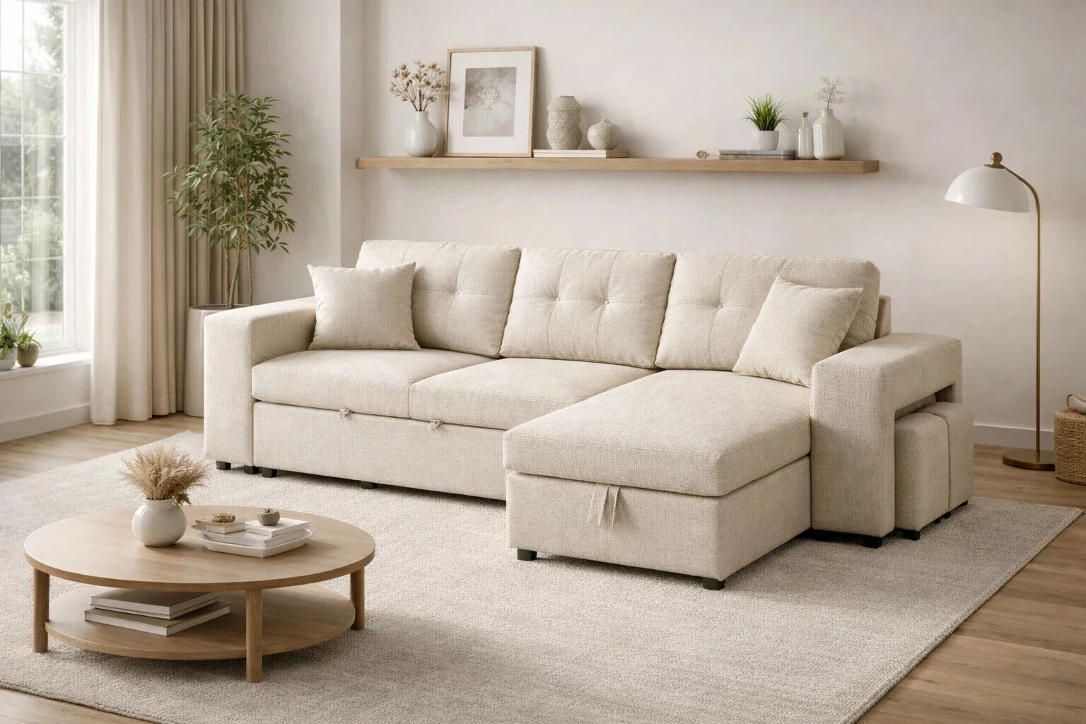 AXEL, Canap&eacute; convertible Gigogne r&eacute;versible en Tissu comprenant 2 poufs et rangement