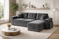 AXEL, Canap&eacute; convertible Gigogne reversible en velours comprenant 2 poufs et rangement