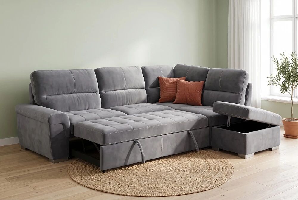 BAMAKO � Canap&eacute; d\'angle convertible gigogne, non-r&eacute;versible droite/gauche � 4 tissus au choix