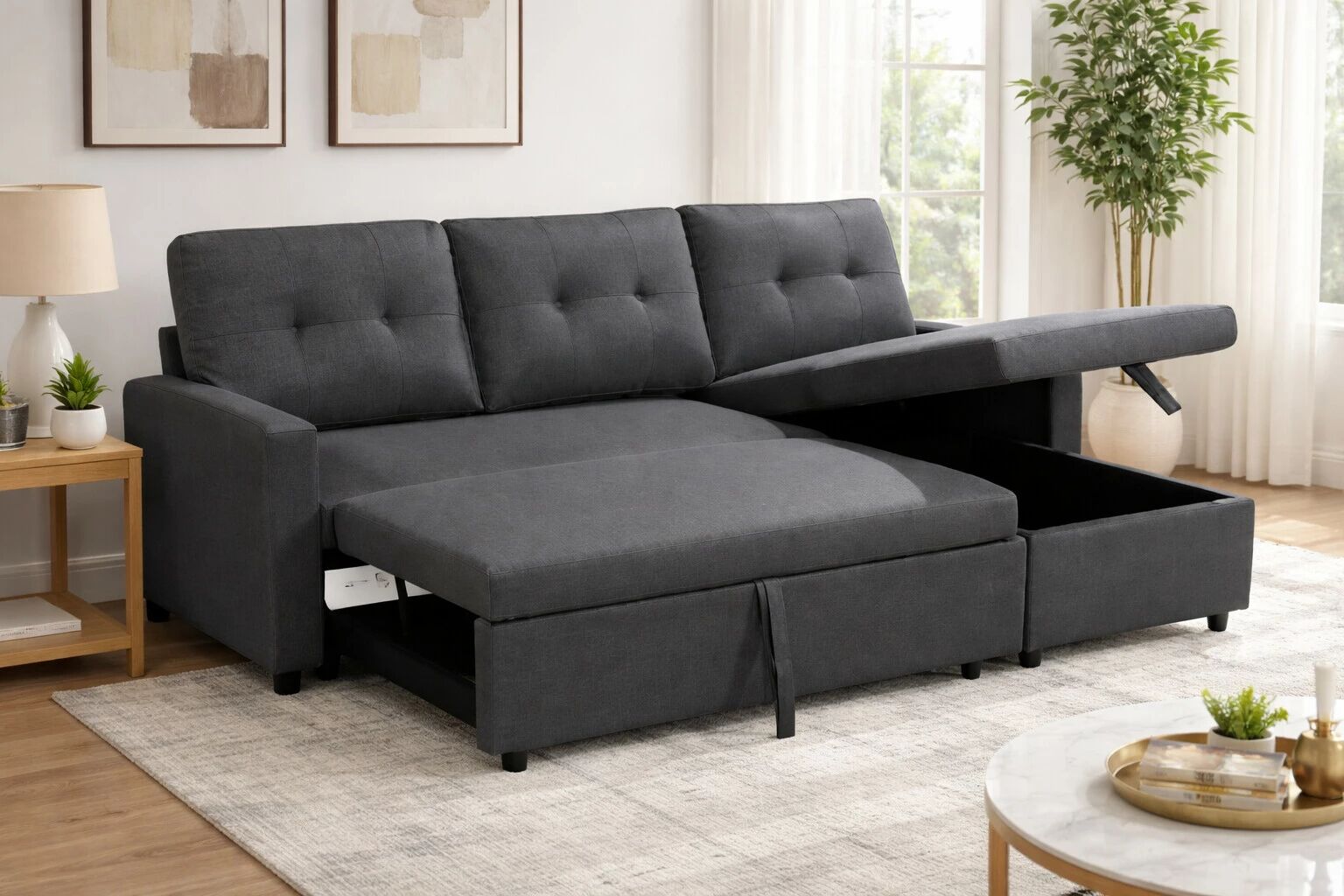 BILBAO, Angle convertible gigogne 2 place + Chaise longue REVERSIBLE. Tissu gris fonc&eacute; anthracite