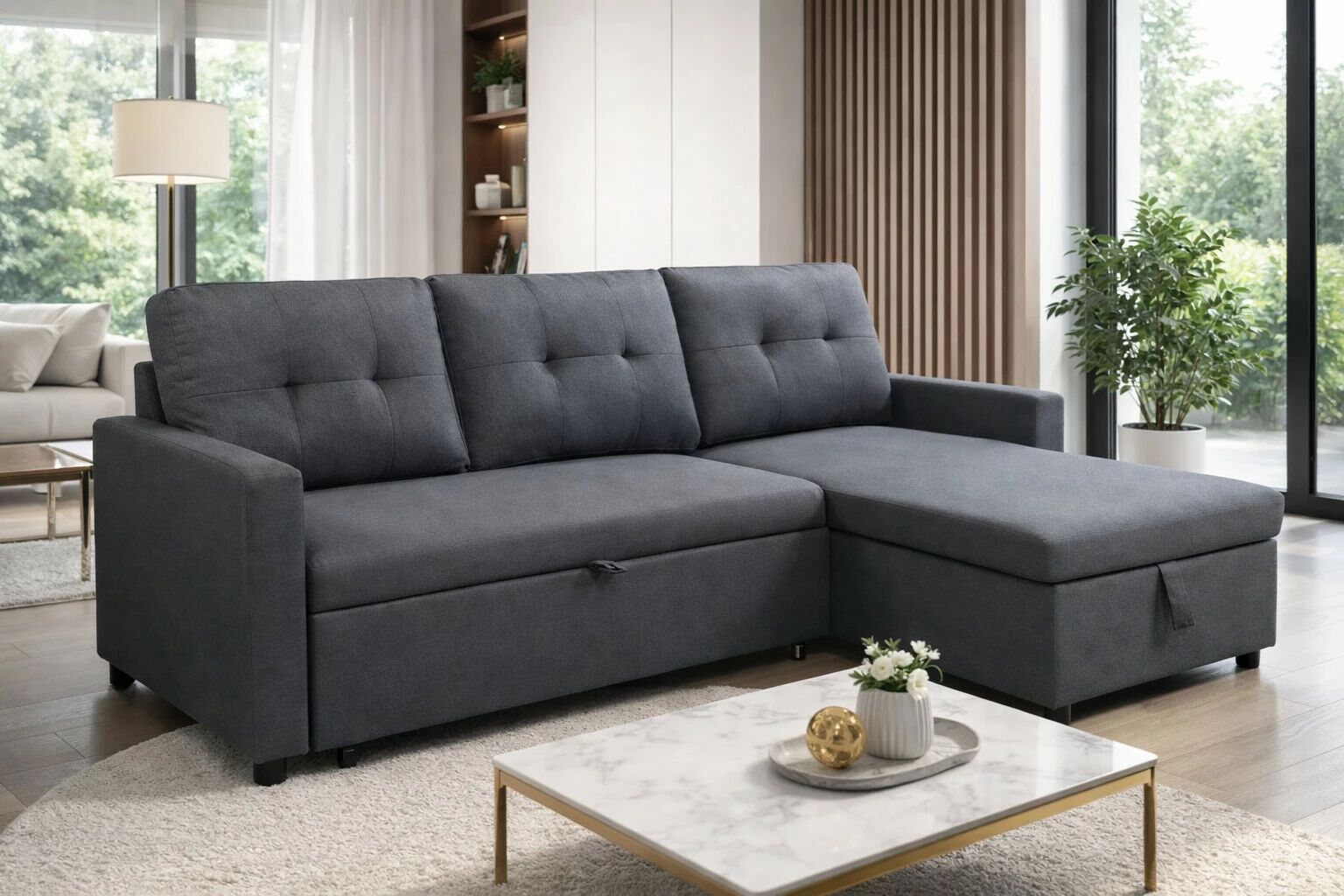 BILBAO, Angle convertible gigogne 2 place + Chaise longue REVERSIBLE. Tissu gris fonc&eacute; anthracite