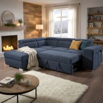 BONO, Grand canapé d\'angle gauche, convertible gigogne 2 places, Pouf coffre, Revêtement Velours cottelé