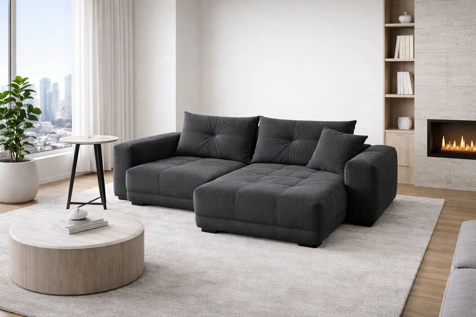 BRENDON - Canap&eacute; d�angle 3 places avec m&eacute;ridienne, convertible gigogne et angle r&eacute;versible.