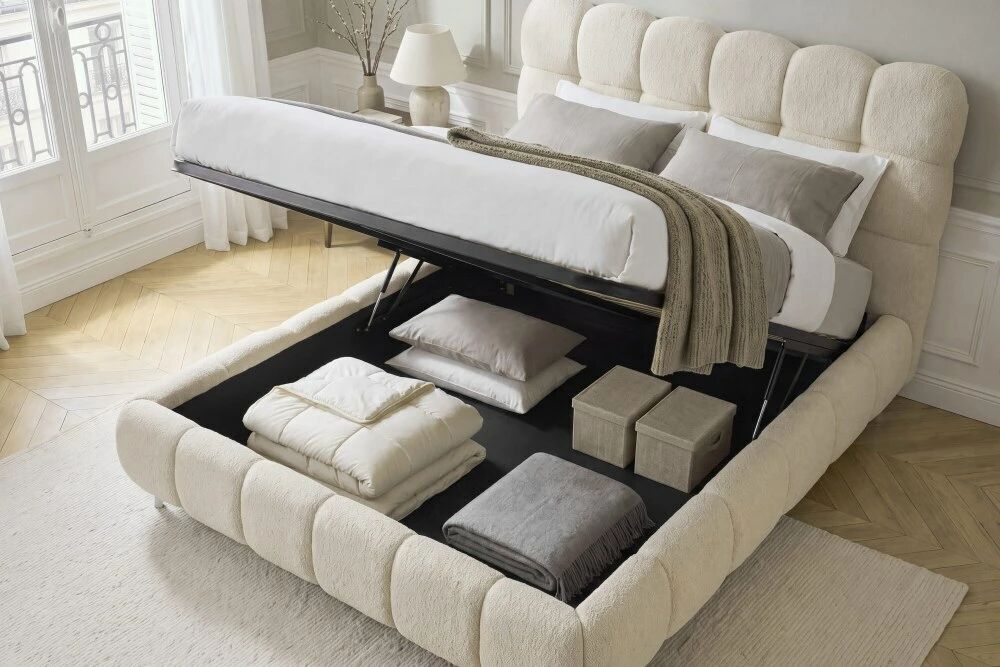 BUBBLE, Lit coffre capitonn� avec sommier � grosses lattes existe en plusieurs tailles de couchage et rev�tements. Vendu sans ma