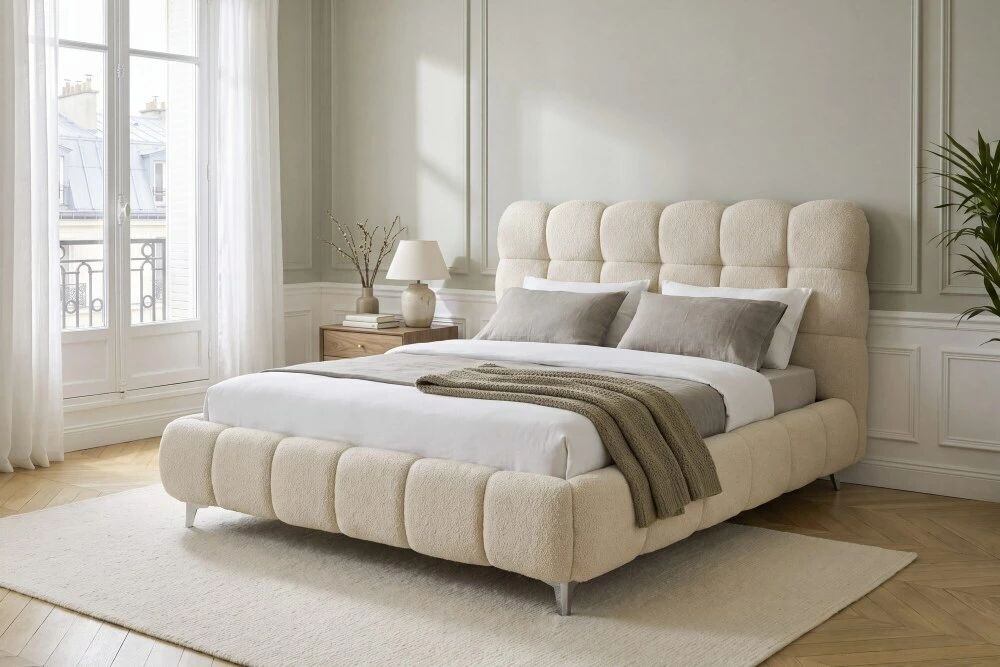 BUBBLE, Lit coffre capitonn&eacute; avec sommier &agrave; grosses lattes existe en plusieurs tailles de couchage et rev&ecirc;tements. Vendu sans ma