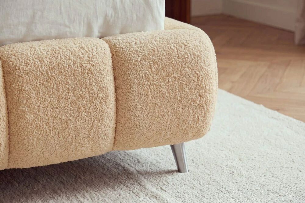 BUBBLE LUXE A LATTES RENFORCEES, lit coffre capitonn� en boucl� beige ou boucl� taupe, sommier � grosses lattes et grand rangeme