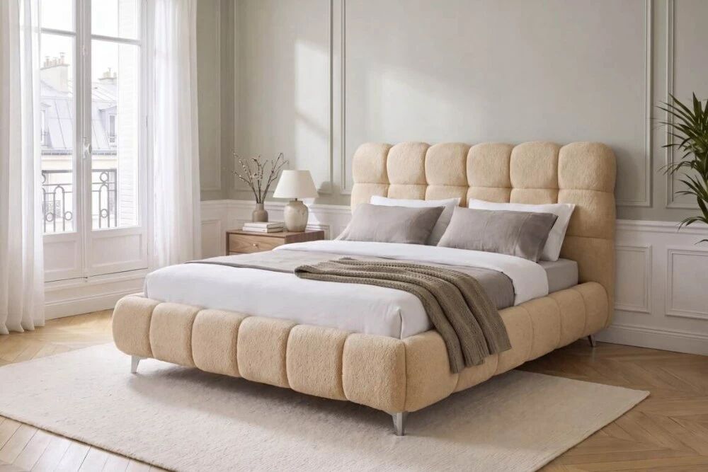 BUBBLE LUXE A LATTES RENFORCEES, lit coffre capitonn&eacute; en boucl&eacute; beige ou boucl&eacute; taupe, sommier &agrave; grosses lattes et grand rangeme