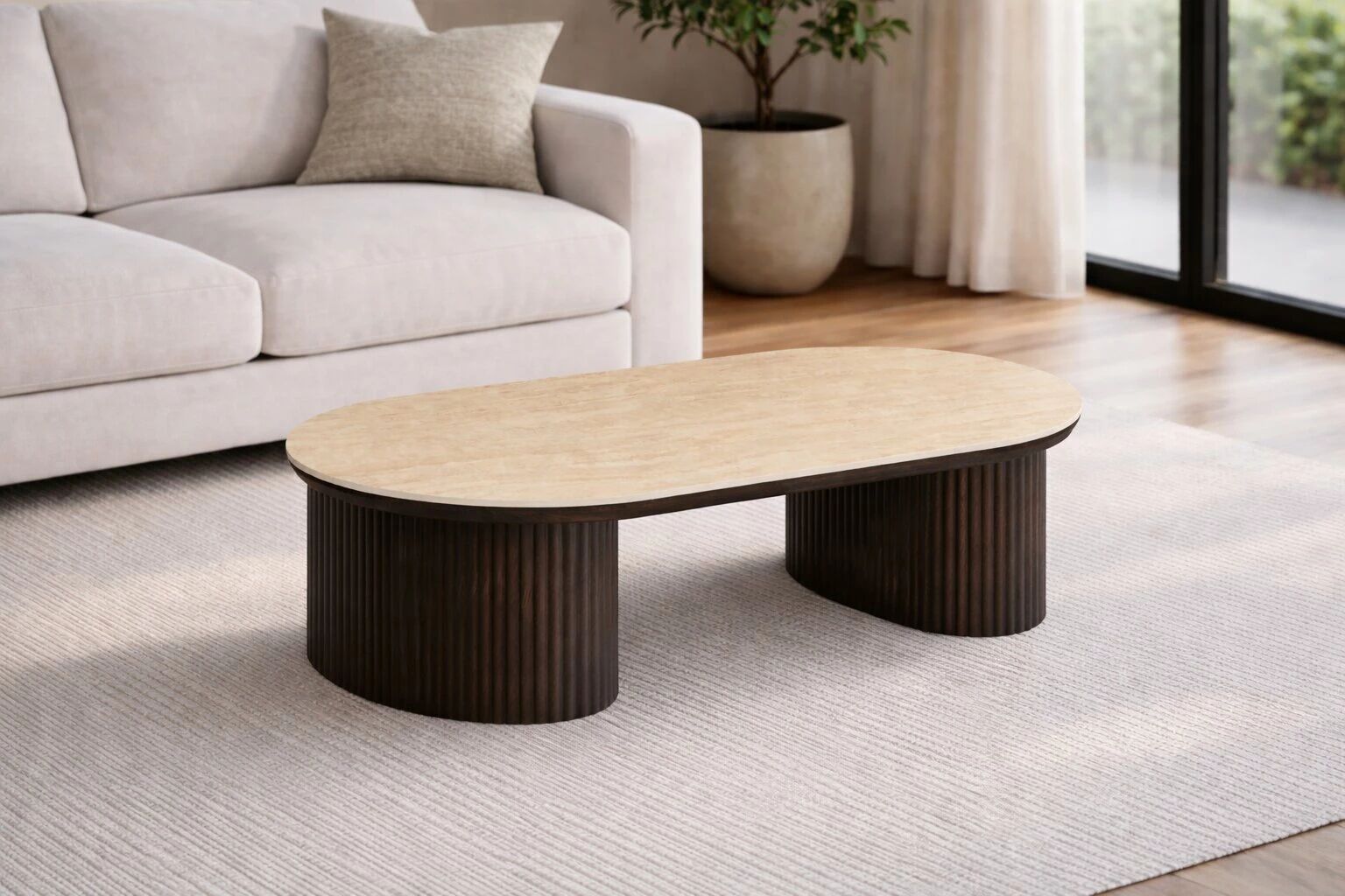 CALYPSO table basse 120*60*45cm pierre fritt&eacute;e travertin+pieds BLANC