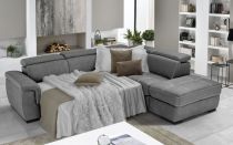CAPRI II, Canapé convertible gigogne, Grand Angle gauche + pouf coffre Tissu double polyester
