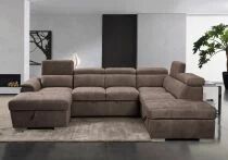 CAPRI U, Canap&eacute; Grand Angle panoramique convertible Gigogne, Rev&ecirc;tement Tissu Polyester, avec m&eacute;ridienne gauche + 2 places et po