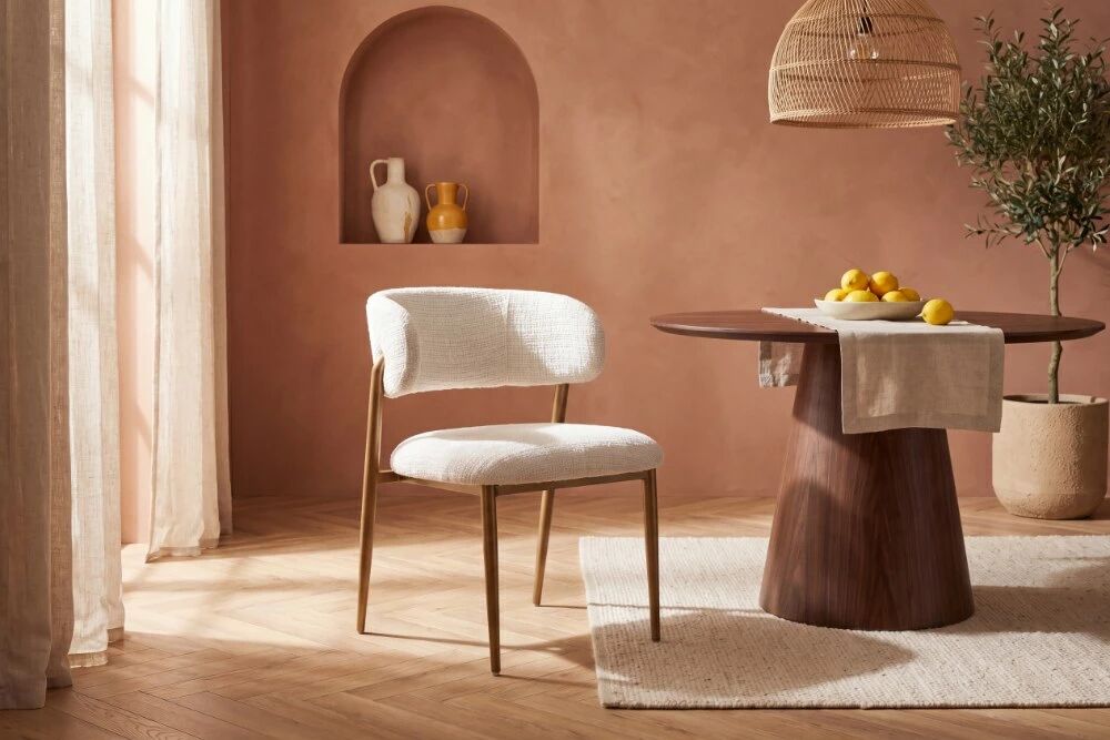Chaise CHAUM tissu chin� CREME (CREMONA 01) + pieds m�tal dor�
