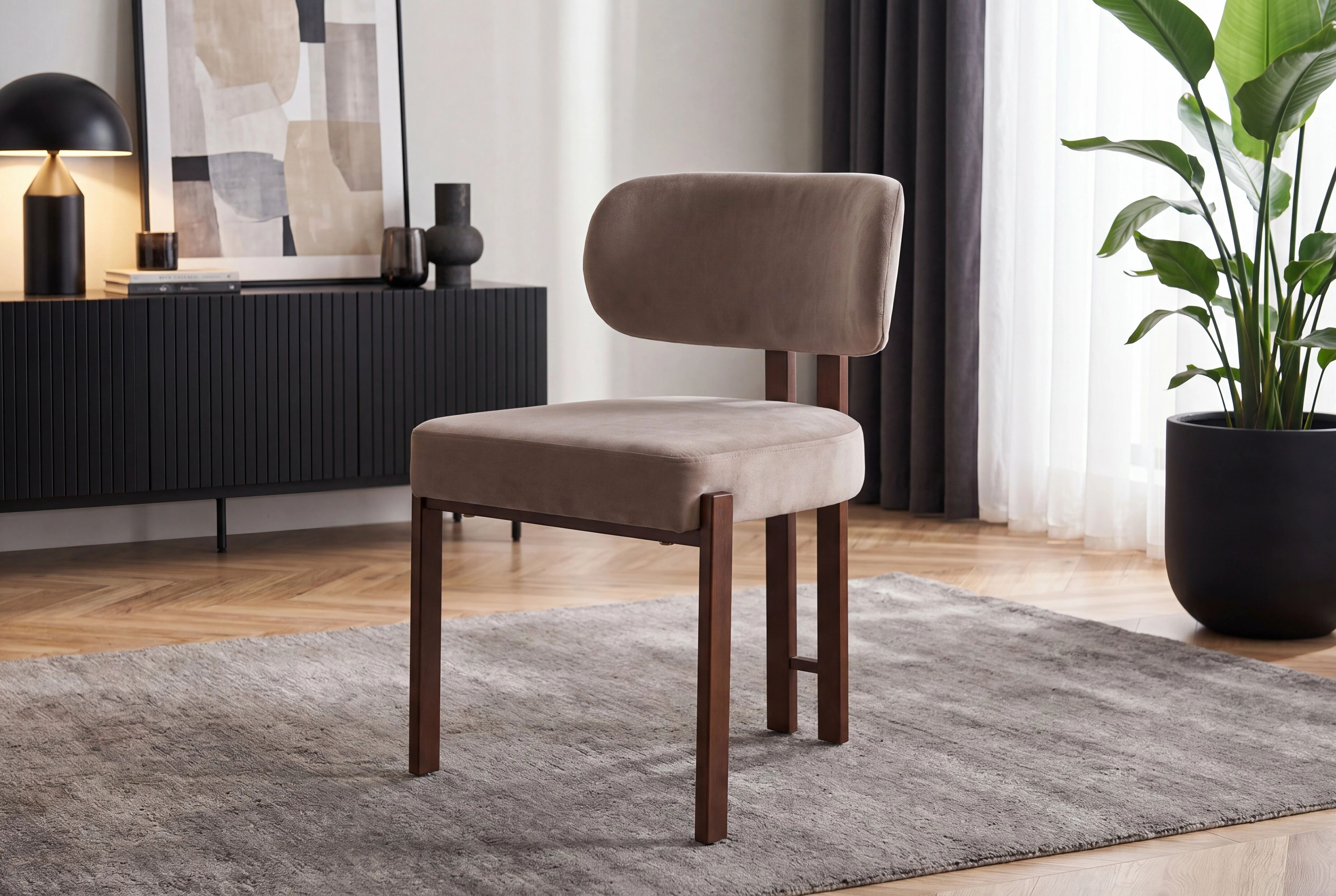 Chaise DRAGON  Tissu velours TAUPE(V108) + PIEDS MARRON