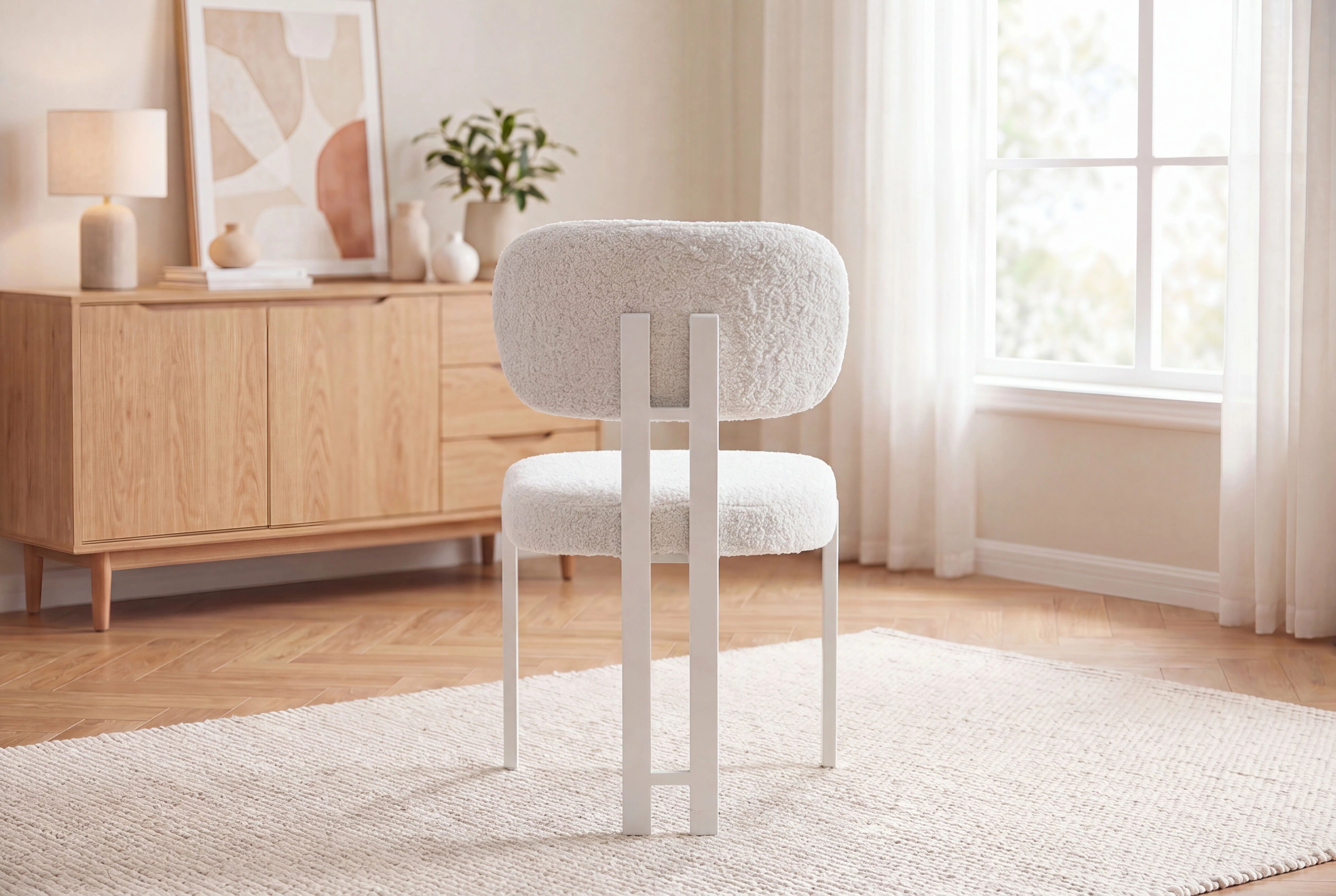 Chaise DRAGON Tissu bouclette BLANC CREME(CD422-1)+Pieds BLANC