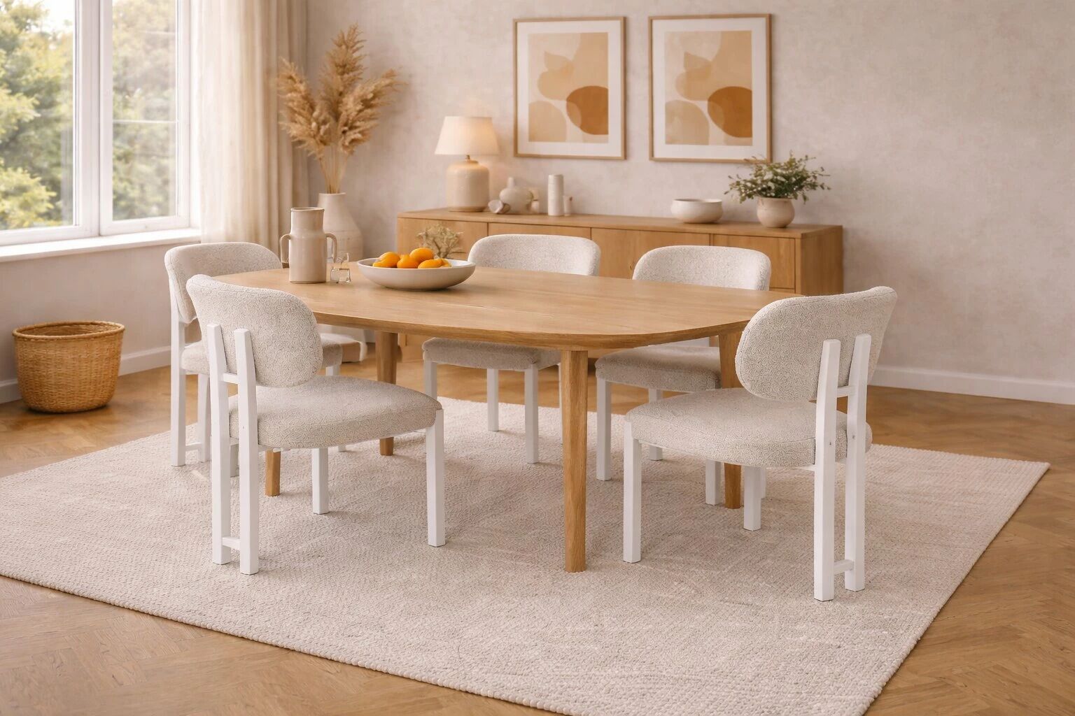 Chaise DRAGON Tissu bouclette BLANC CREME(CD422-1)+Pieds CREME MAT