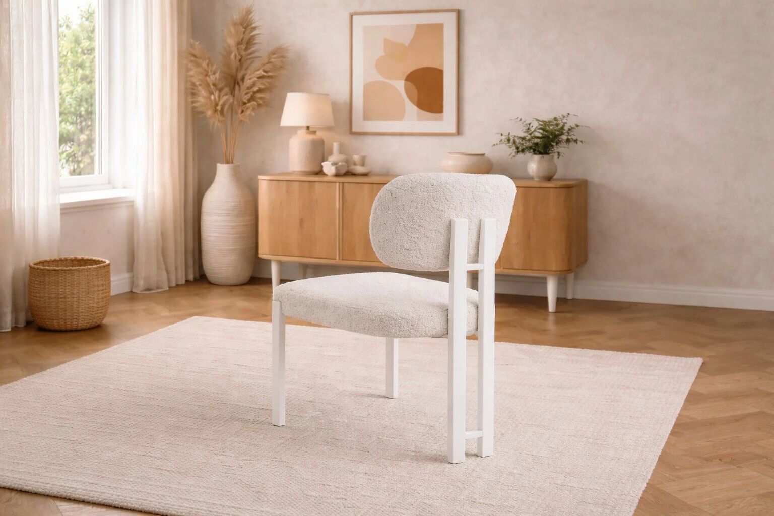 Chaise DRAGON Tissu bouclette BLANC CREME(CD422-1)+Pieds CREME MAT