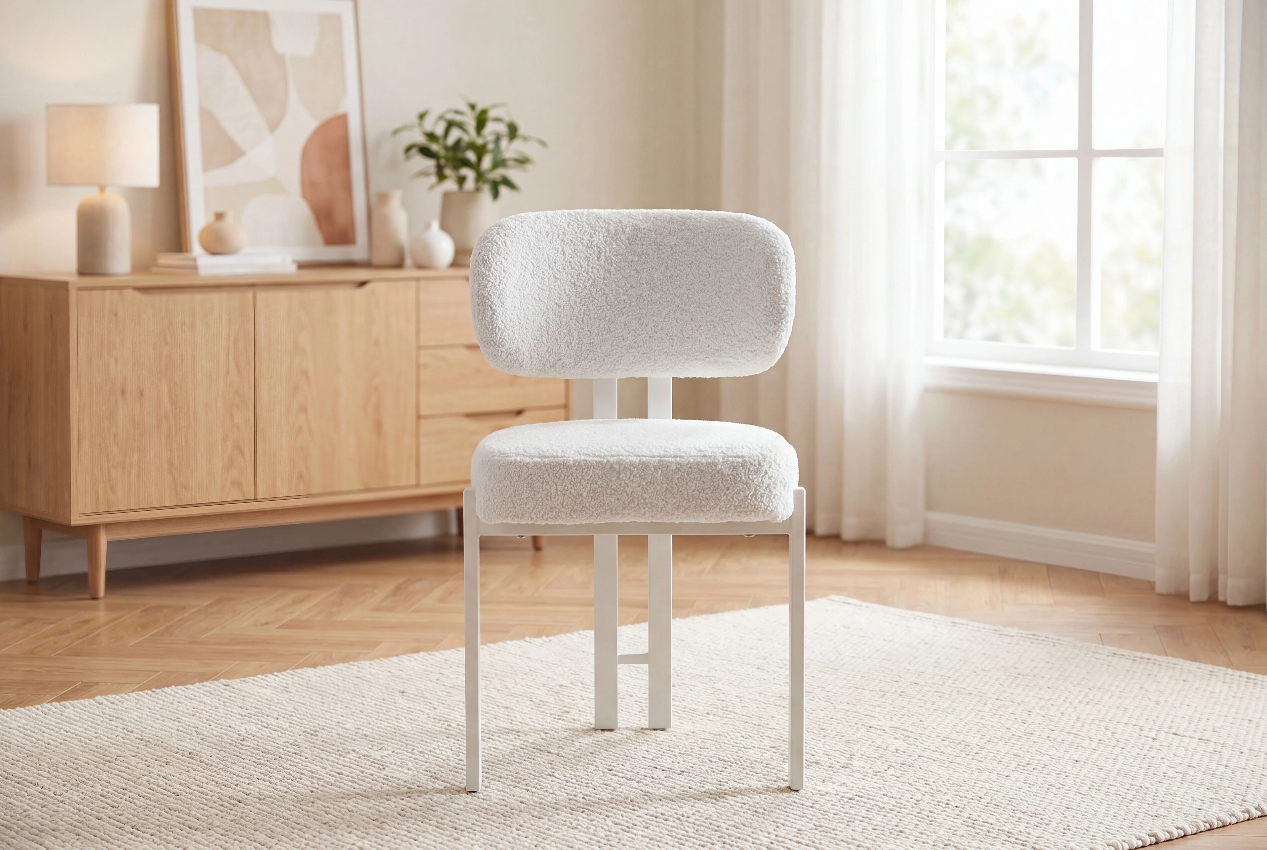 Chaise DRAGON Tissu bouclette BLANC CREME(CD422-1)+Pieds CREME MAT