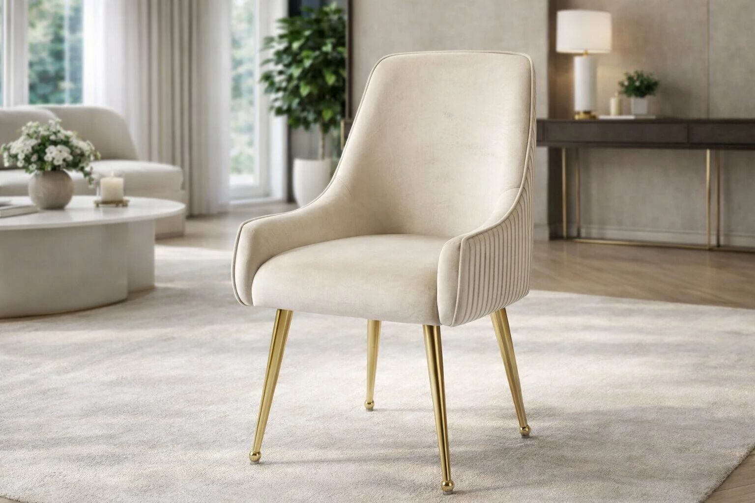 Chaise OPUS velours CREME/BEIGE + pieds m&eacute;tal dor&eacute;