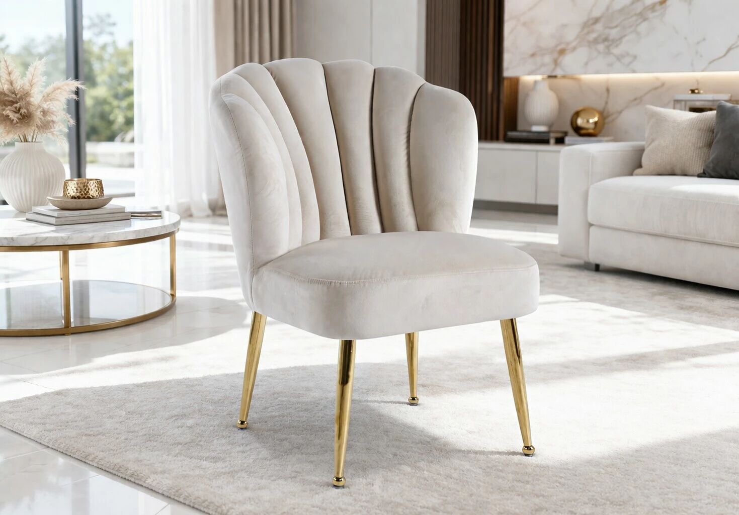 Chaise OPUS velours CREME(CD300-03) + pieds m&eacute;tal dor&eacute;