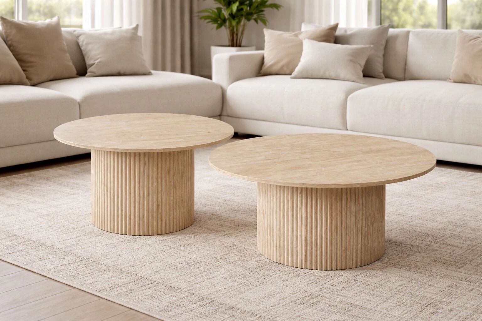 CHAPI Lot 2 tables basses rondes 60*45cm + 80*38cm couleur bois jaune