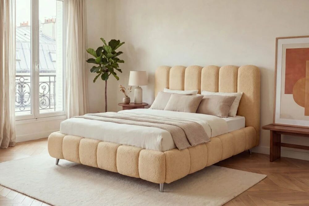 CHEESE, lit coffre en boucl&eacute; beige ou boucl&eacute; taupe, sommier &agrave; grosses lattes et grand rangement. 140, 160 ou 180 cm.