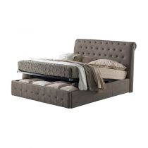 CHERRY, Lit coffre existe en plusieurs dimensions en tissu nubuck taupe, avec option matelas Aloe Vera 18cm