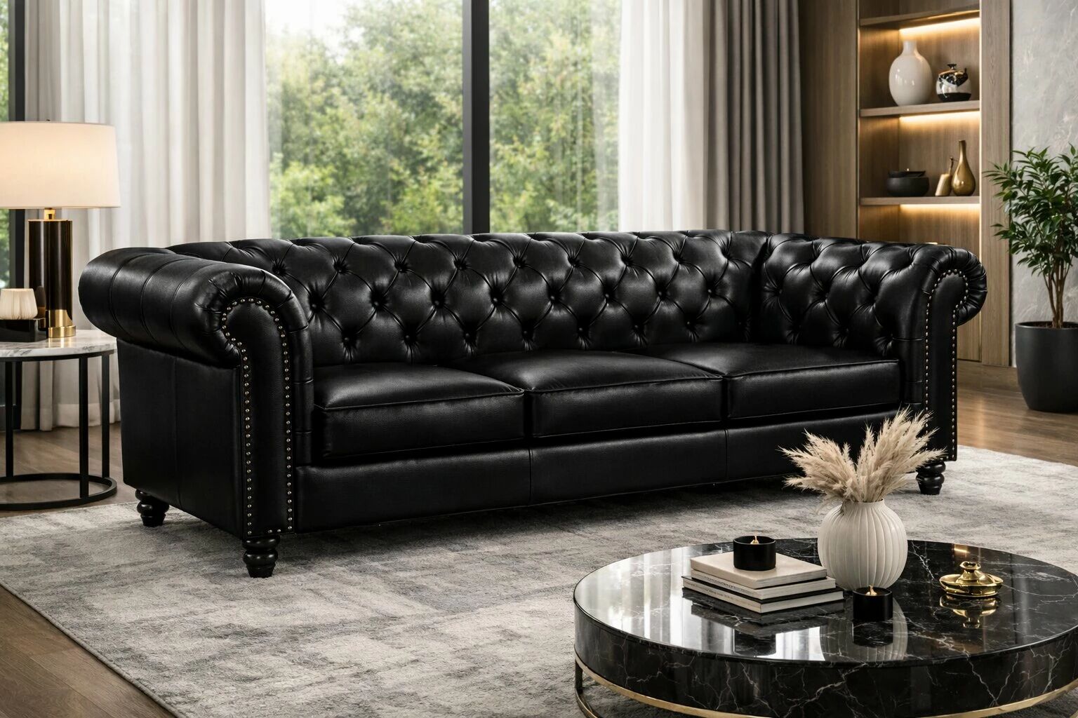 CLOUTE, Canap&eacute; \ Chesterfield\  3 places en simili noir
