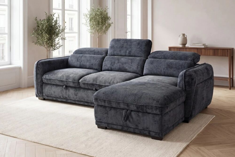 COTYBED, Angle convertible  NON reversible avec m�ridienne coffre - Tissu ASTRA.