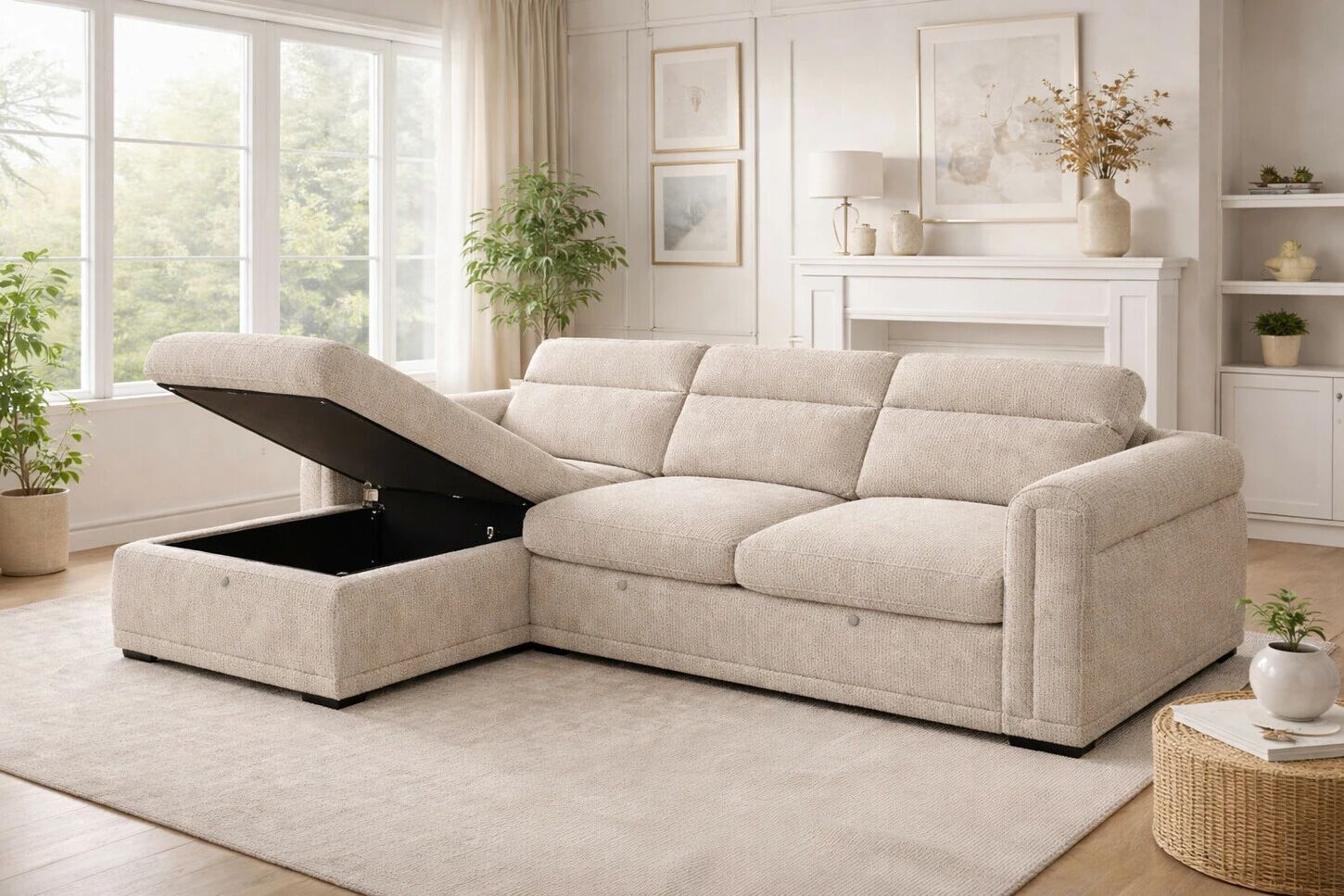 COTYBED, Angle convertible  NON reversible avec m&eacute;ridienne coffre - Tissu ASTRA