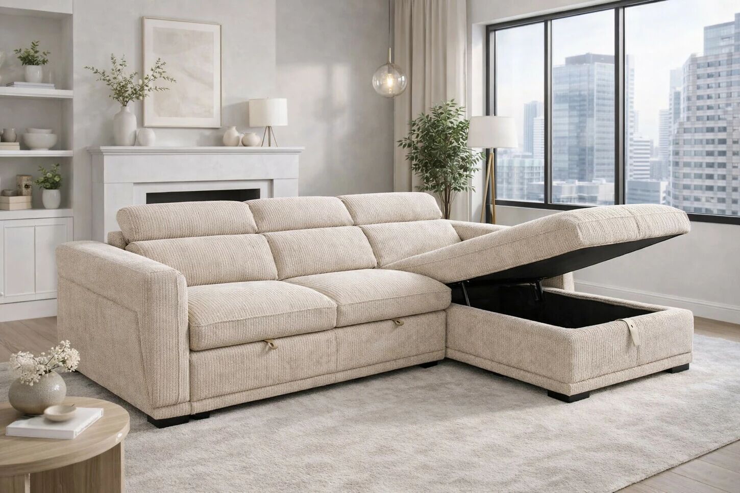 COTYBED, Angle convertible  NON reversible avec m&eacute;ridienne coffre - Tissu ASTRA