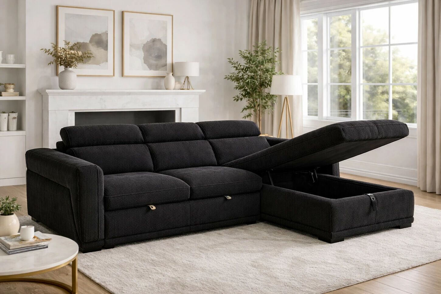 COTYBED, Angle convertible  NON reversible avec m&eacute;ridienne coffre - Tissu ASTRA