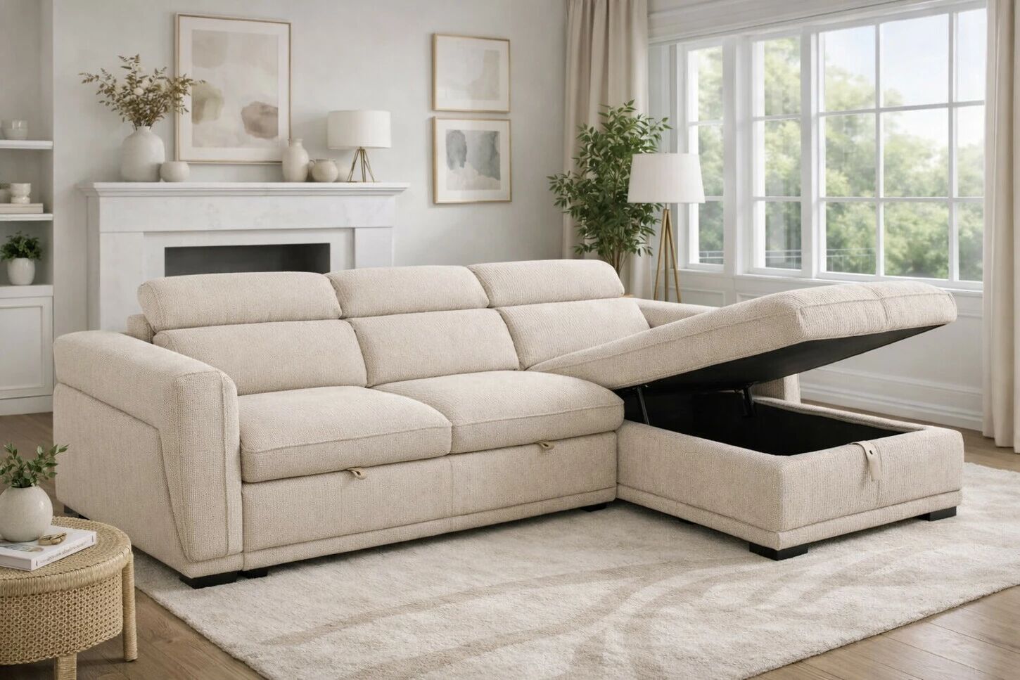 COTYBED, Angle convertible  NON reversible avec m&eacute;ridienne coffre - Tissu ASTRA