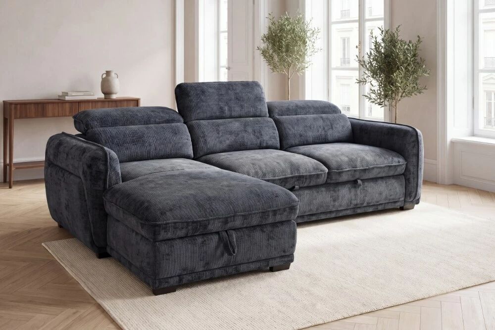 COTYBED, Angle convertible  NON reversible avec m�ridienne coffre - Tissu ASTRA.