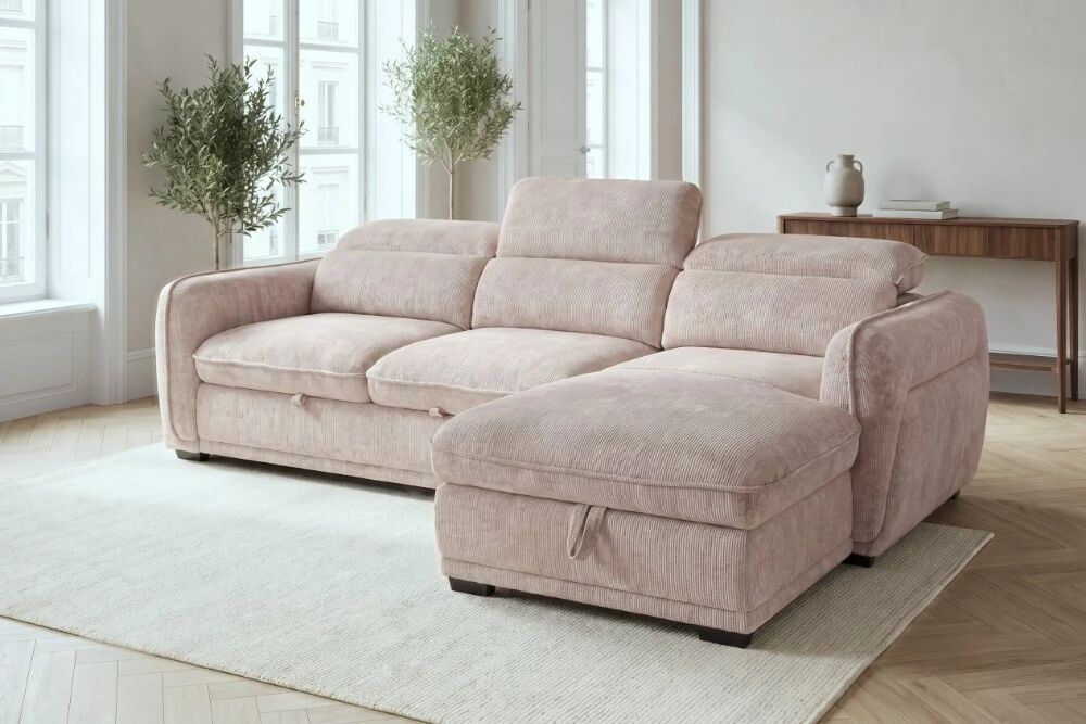 COTYBED, Angle convertible  NON reversible avec m�ridienne coffre - Tissu ASTRA.