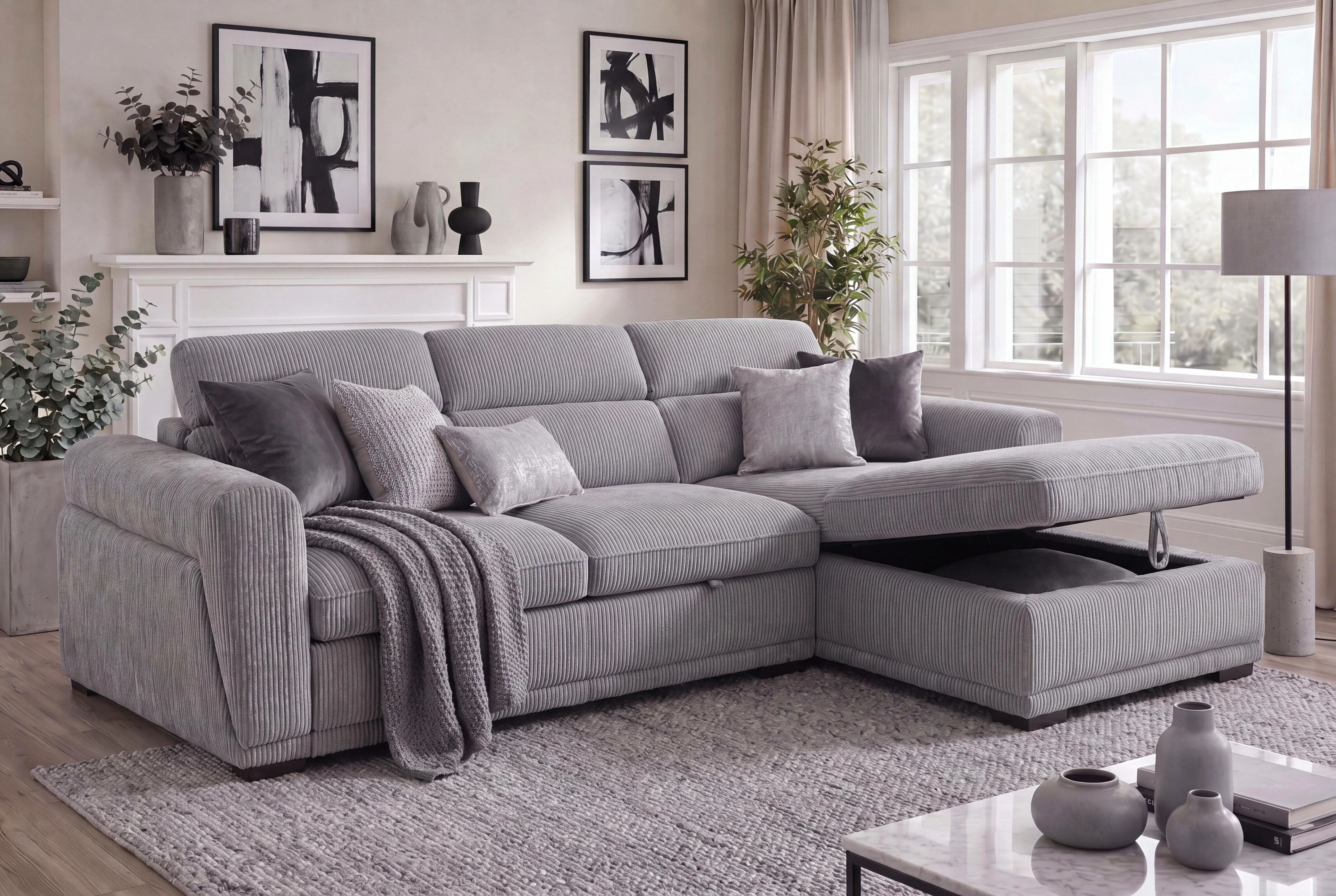 COTYBED, Angle convertible  NON reversible avec m&eacute;ridienne coffre - VELOURS C&Ocirc;TEL&Eacute;.