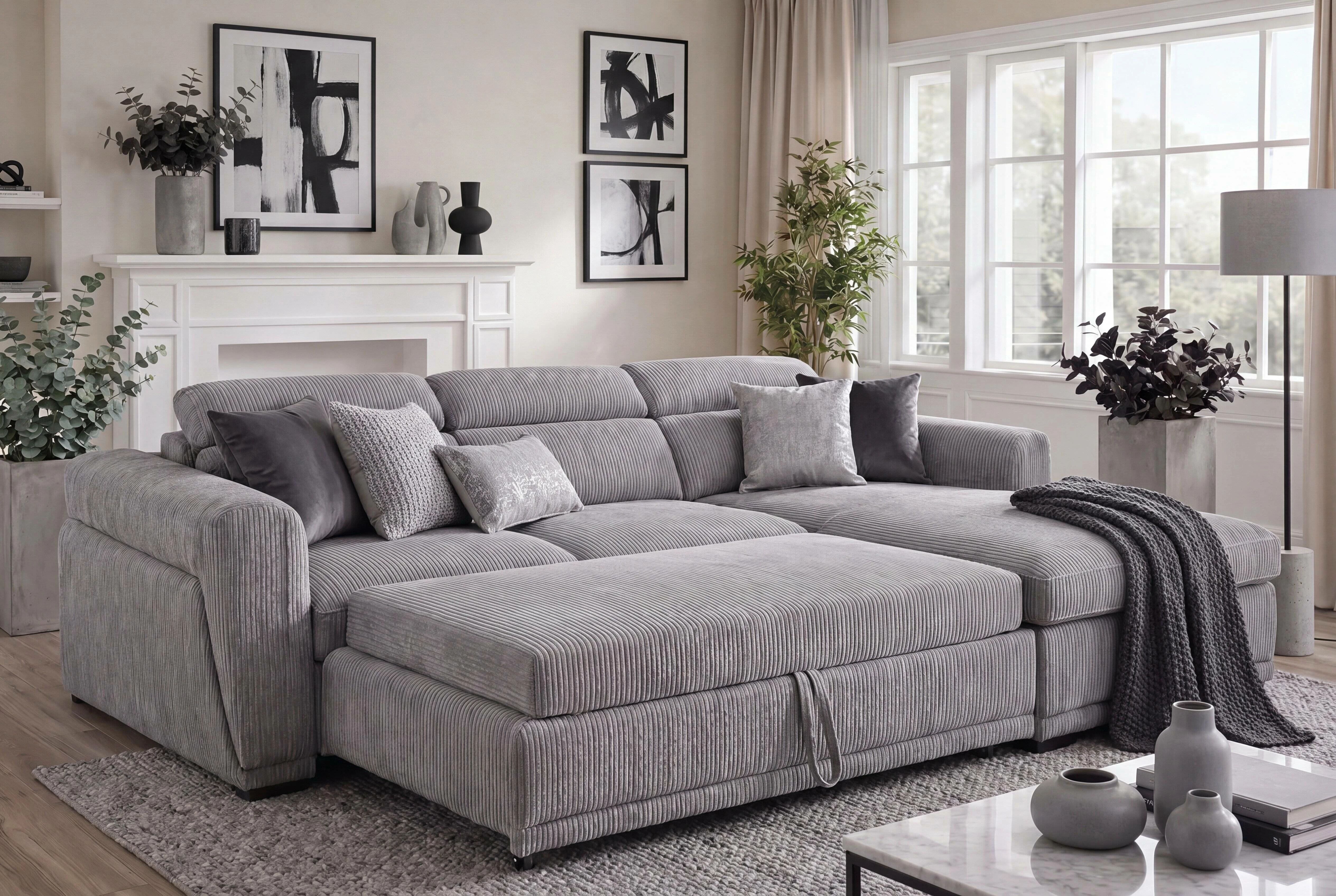 COTYBED, Angle convertible  NON reversible avec m&eacute;ridienne coffre - VELOURS C&Ocirc;TEL&Eacute;.