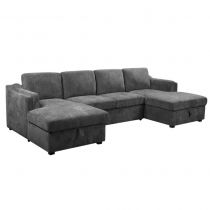 DAISY, Canapé grand angle convertible Gigogne avec 2 méridiennes coffre en tissu chenillé gris