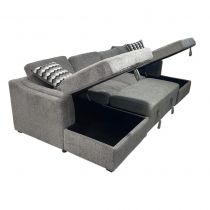 DAISY, Canapé grand angle convertible Gigogne avec 2 méridiennes coffre en tissu chenillé gris